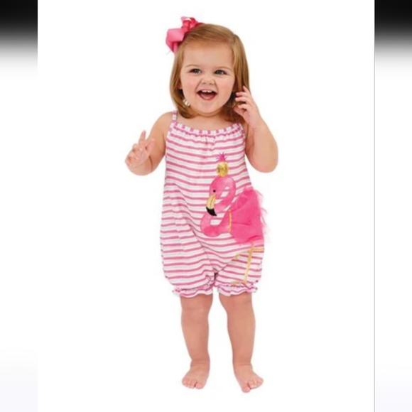 Mud Pie Baby Girl Flamingo Romper 9-12M Pink Striped Summer Outfit Cute - Picture 1 of 8
